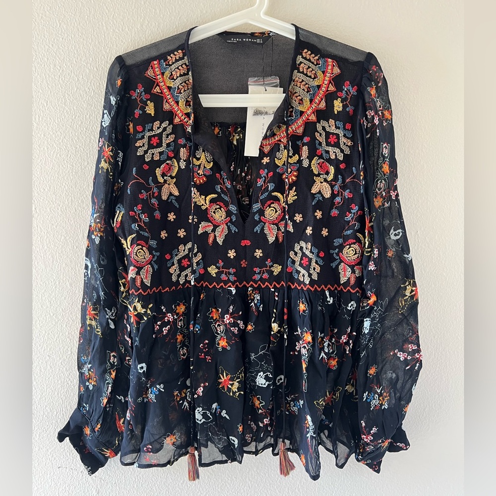 ZARA Floral Embroidered Sheer Black Blouse